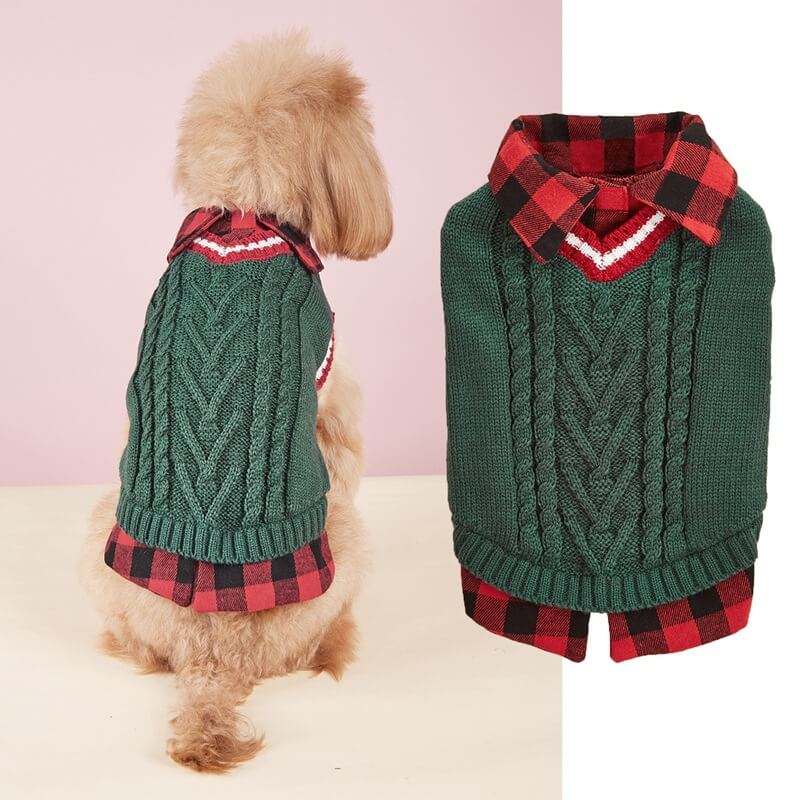 Perfeito para outono inverno xadrez colarinho cabo malha cão camisola colete