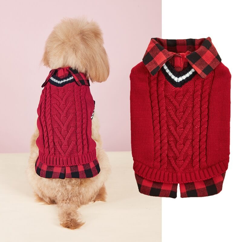 Perfeito para outono inverno xadrez colarinho cabo malha cão camisola colete