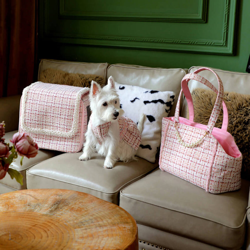 Bolsa de transporte leve xadrez de luxo em tweed macio para cães e gatos