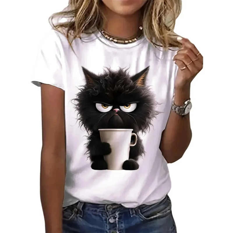 Camiseta Feminina Estampa de Gato Divertida