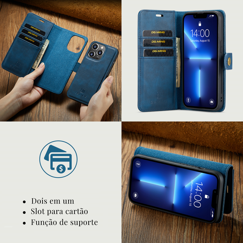 Capa iPhone Ultra Fina de Couro com Carteira Magnética 2 em 1 - Lançamento 2023