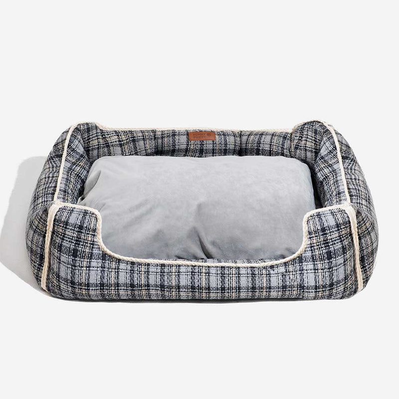 Cama de cachorro clássica retrô xadrez removível com reforço calmante - Nostalgic Retreat