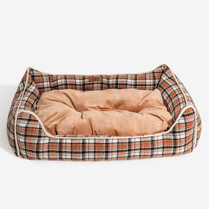 Cama de cachorro clássica retrô xadrez removível com reforço calmante - Nostalgic Retreat