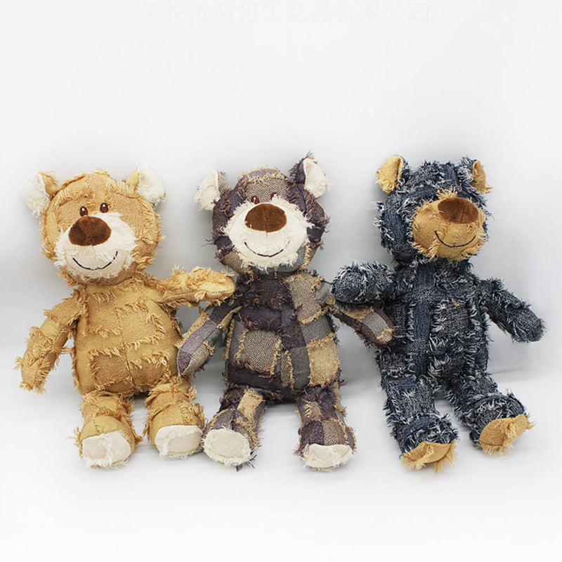 Pelúcia jeans rústica durável mastigável brinquedo de cachorro que faz barulho urso