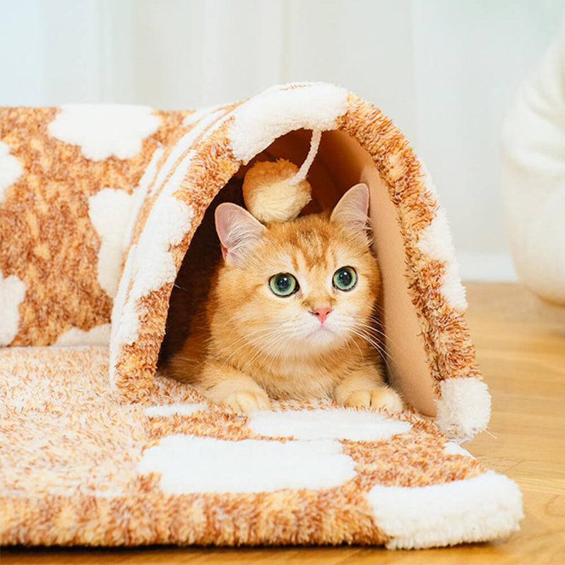 Cama de dormir espaçosa com estampa de nuvem e pelúcia em túnel para gatos