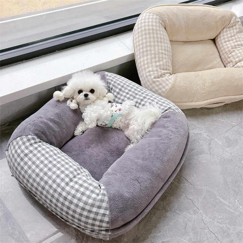 Cama para cães e gatos em lona coral fleece à prova d'água com suporte surround completo