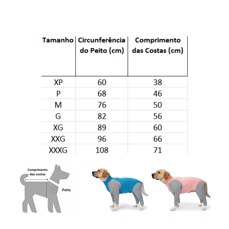 Roupinha Pijama Pós Cirúrgica para Cachorros com Mangas Longas