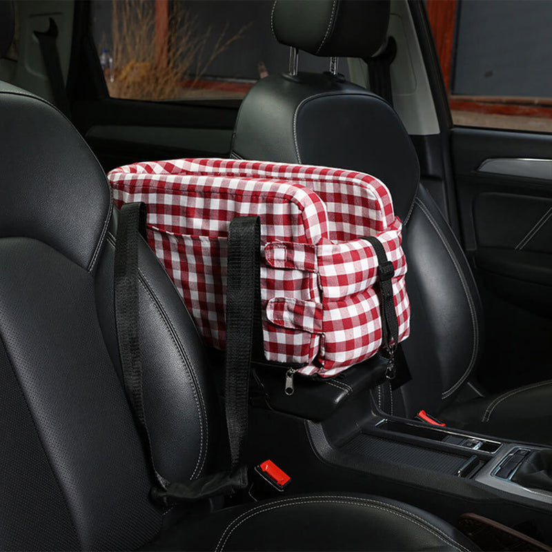 Assento de segurança para carro para cães de viagem portátil xadrez elegante, console central