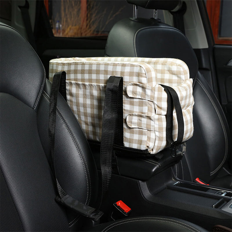 Assento de segurança para carro para cães de viagem portátil xadrez elegante, console central