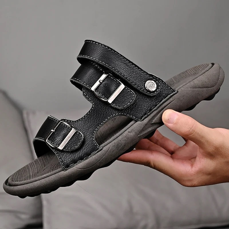 Sandália de Couro Masculina Comfort Fivela Preto