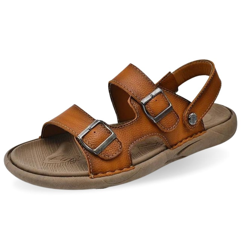 Sandália de Couro Masculina Comfort Fivela Cáqui