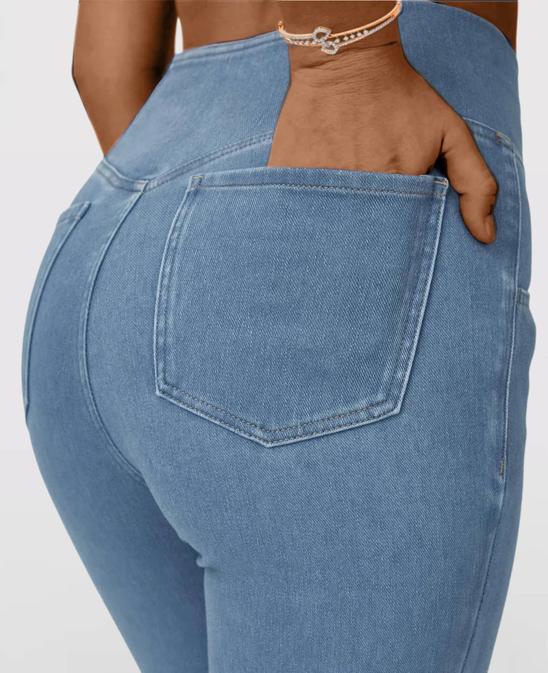 Calça Jeans de Cintura Alta Cruzada [CALÇA EFEITO BARRIGA CHAPADA]