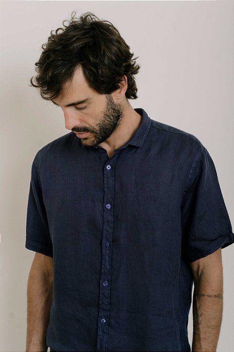 CAMISA LINHO STONE NAVY MANGA CURTA